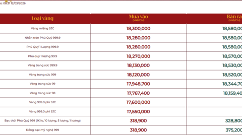 Bảng giá tại các công ty vàng bạc đá quý ngày 12/3