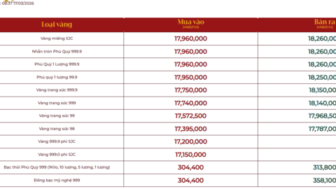 Bảng giá tại các công ty vàng bạc đá quý ngày 17/3
