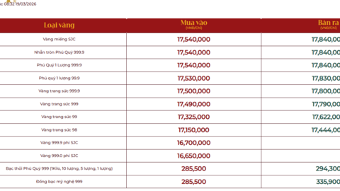 Bảng giá tại các công ty vàng bạc đá quý ngày 19/3