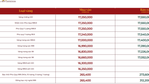 Bảng giá tại các công ty vàng bạc đá quý ngày 20/3