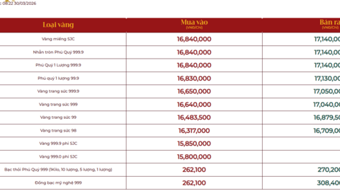 Bảng giá tại các công ty vàng bạc đá quý ngày 30/3