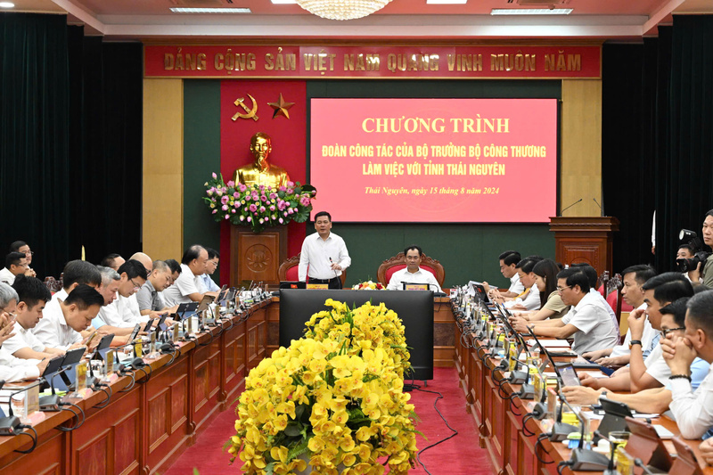 Bộ trưởng Nguyễn Hồng Diên làm việc với lãnh đạo tỉnh Thái Nguyên và một số doanh nghiệp trên địa bàn tỉnh, tháng 8/2024 - Ảnh Cấn Dũng