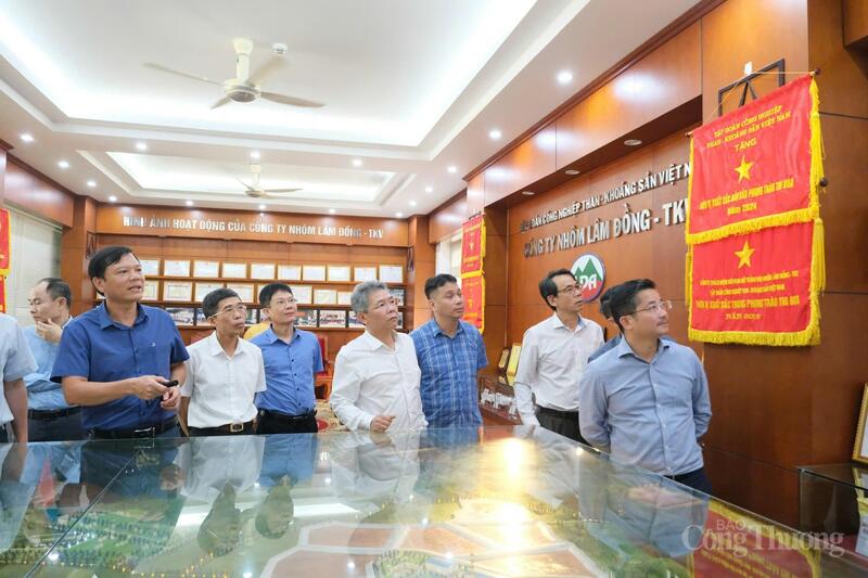 Ông Nguyễn Đức Thái (cầm đèn pin), Phó Giám đốc Công ty TNHH MTV Nhôm Lâm Đồng - TKV giới thiệu với đoàn công tác về công ty. Ảnh: Lê Sơn