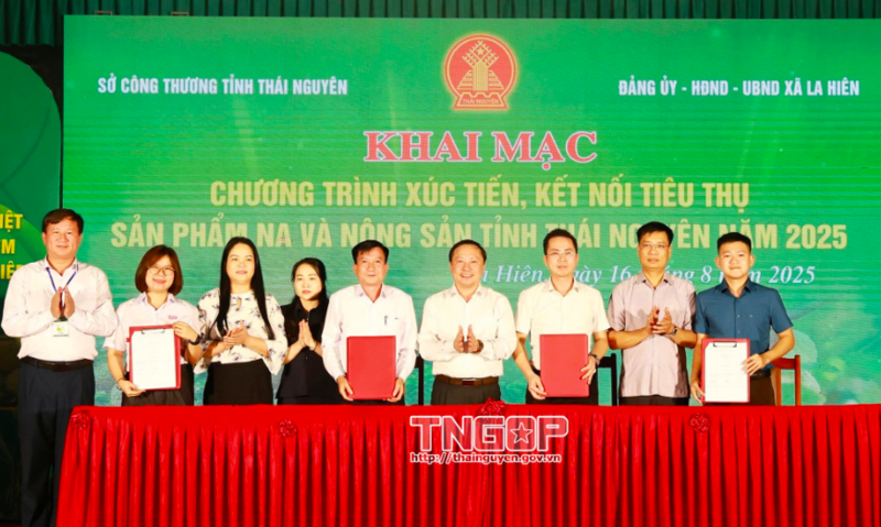 Các đơn vị ký kết biên bản ghi nhớ thúc đẩy tiêu thụ na và nông sản của Thái Nguyên. Ảnh: Báo Thái Nguyên