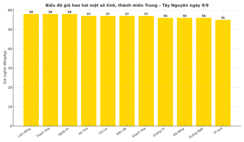 Biểu đồ giá heo hơi một số tỉnh, thành miền Trung – Tây Nguyên ngày 9/9.
