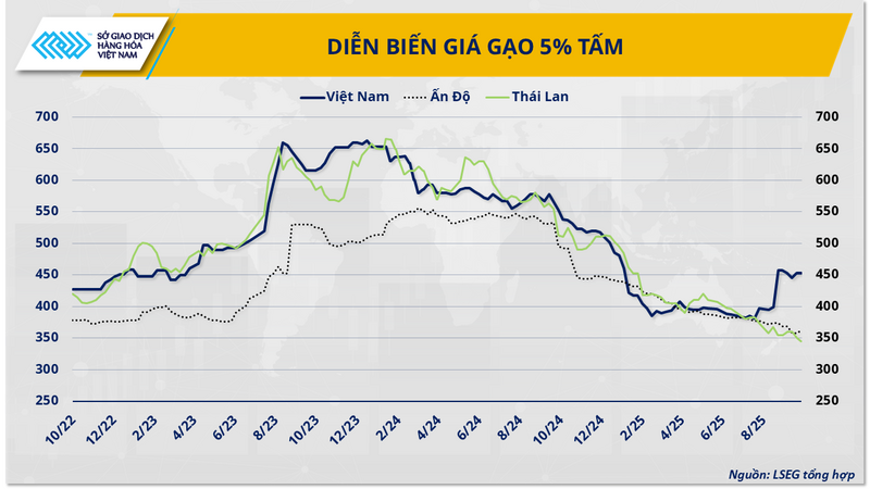 Diễn biến giá gạo 5% tấm (Nguồn_ LESG tổng hợp)
